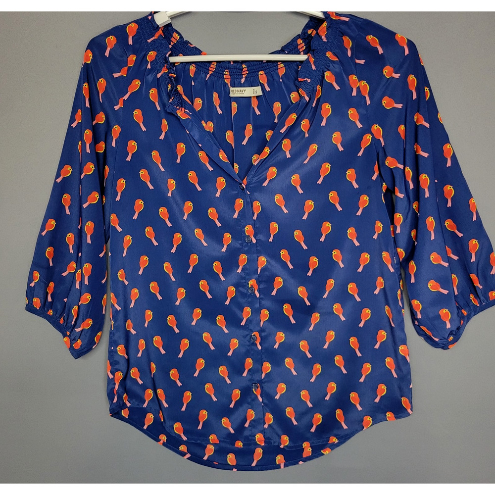 Old Navy Bird Print Button Top Womens S Blue Red Low V-Neck 3/4 Sleeve Whimsical